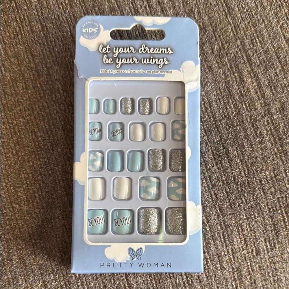 Kids Faux Nail Set of 24  - Blue, white and Silver “BE YOU” style, NEW